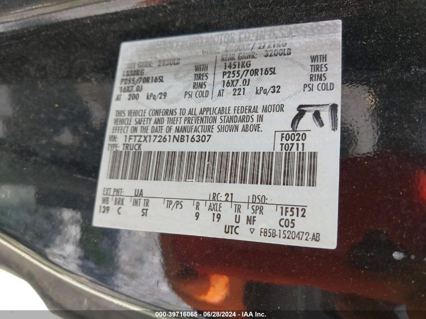 2001 Ford F-150 Xl/Xlt VIN: 1FTZX17261NB16307 Lot: 39716065