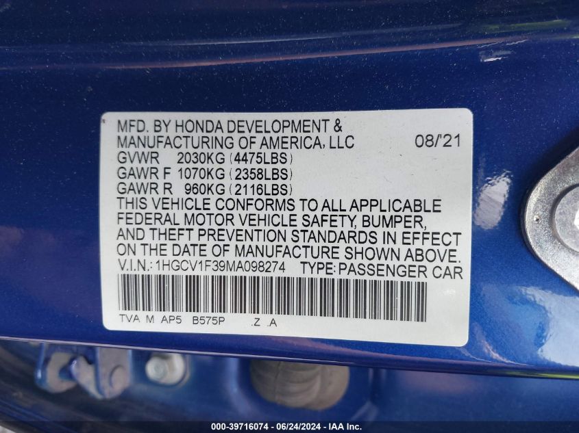 2021 Honda Accord Sport VIN: 1HGCV1F39MA098274 Lot: 39716074