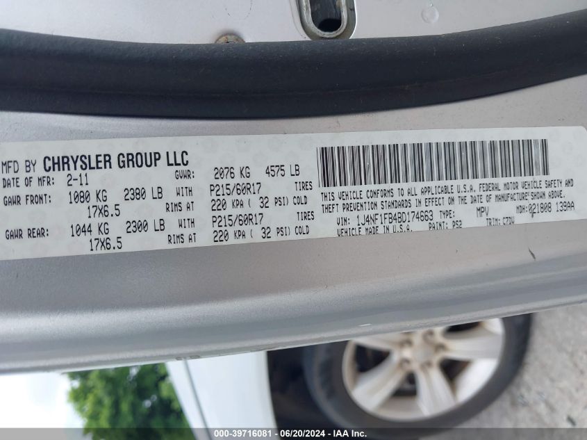 2011 Jeep Compass VIN: 1J4NF1FB4BD174663 Lot: 39716081