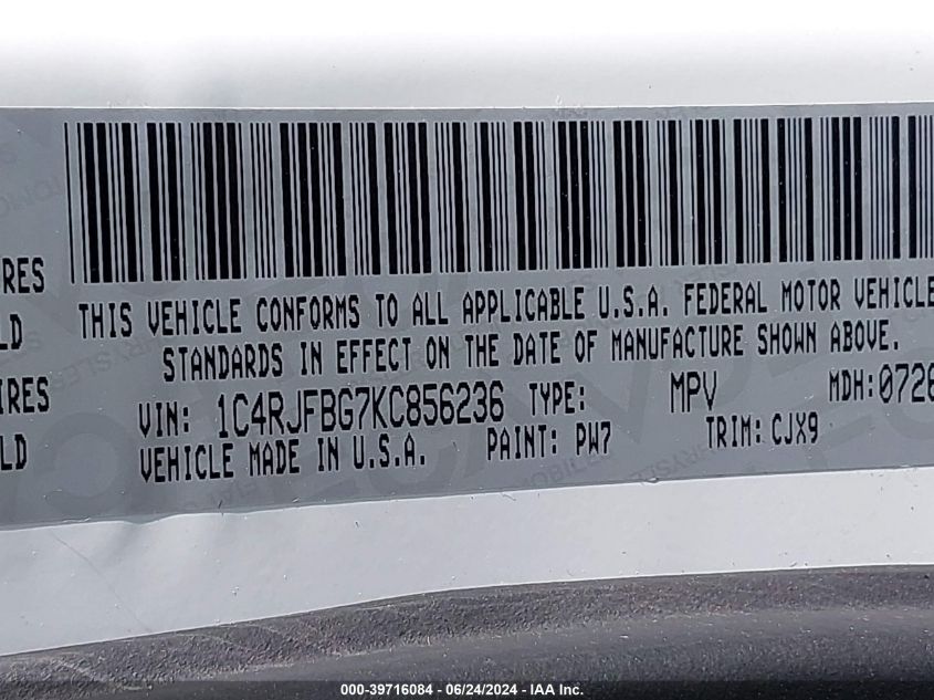2019 Jeep Grand Cherokee Limited 4X4 VIN: 1C4RJFBG7KC856236 Lot: 39716084
