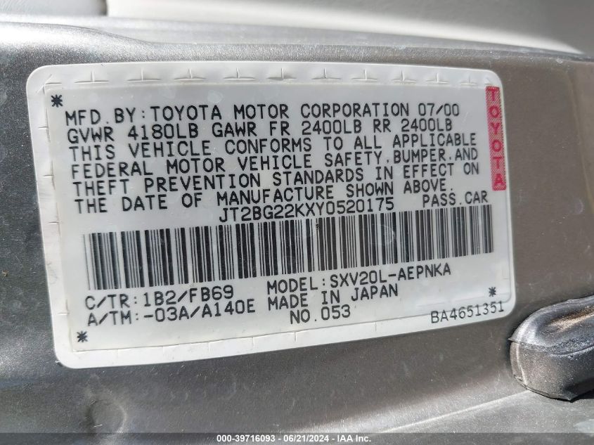 JT2BG22KXY0520175 2000 Toyota Camry Ce/Le/Xle