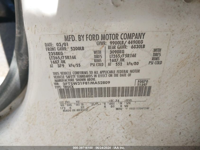 2001 Ford F-350 Lariat/Xl/Xlt VIN: 3FTSW31F81MA52809 Lot: 39716100