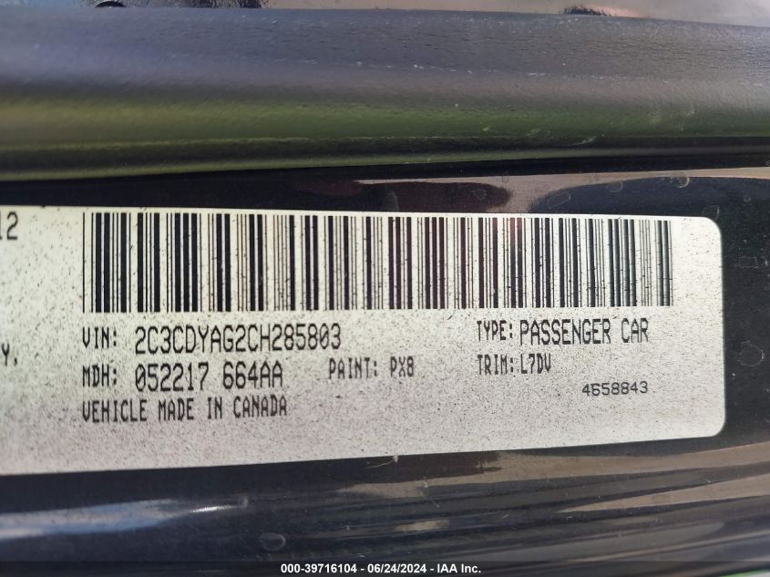 2012 Dodge Challenger Sxt VIN: 2C3CDYAG2CH285803 Lot: 39716104