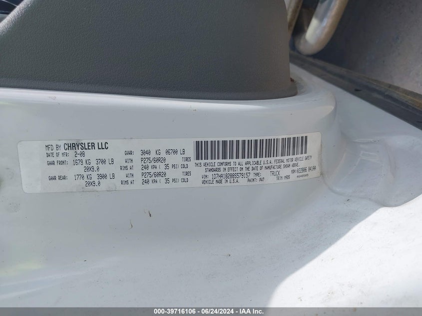 2008 Dodge Ram 1500 St/Slt VIN: 1D7HA18288S579157 Lot: 39716106