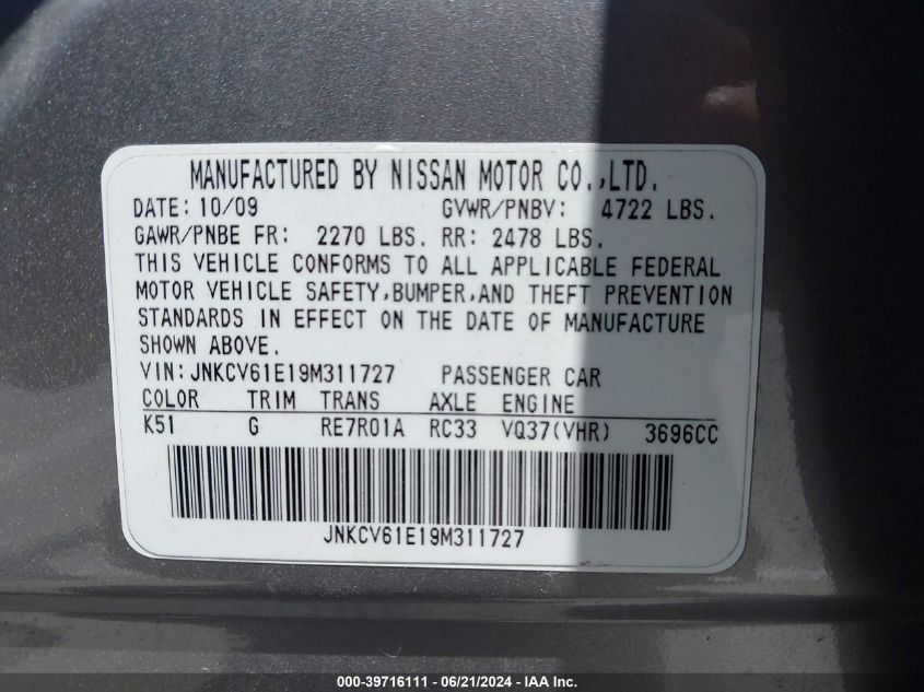 2009 Infiniti G37 Journey VIN: JNKCV61E19M311727 Lot: 39716111