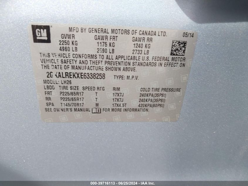 2014 GMC Terrain Sle VIN: 2GKALREKXE6338258 Lot: 39716113