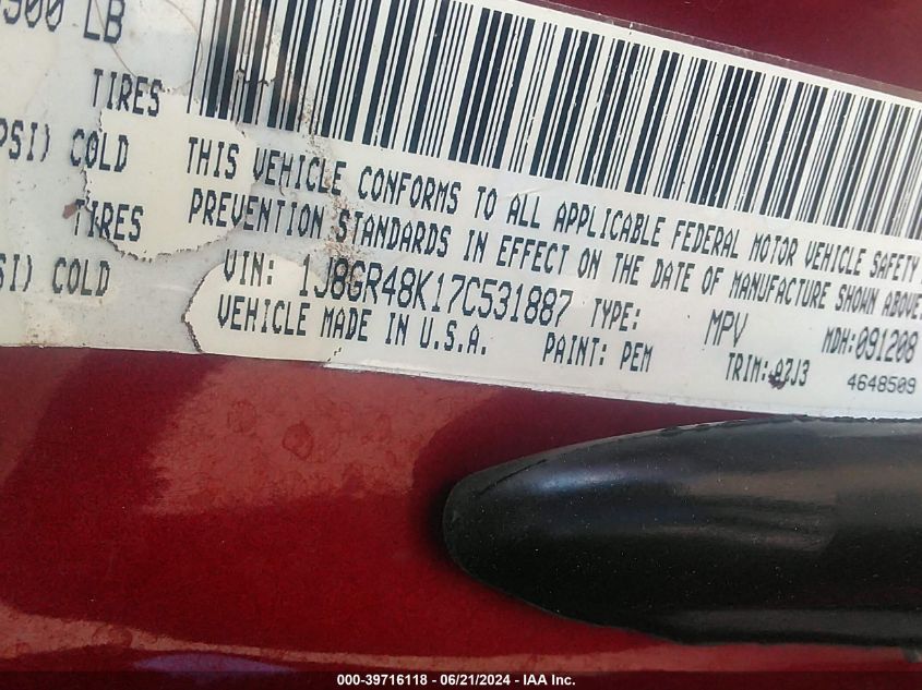 2007 Jeep Grand Cherokee Laredo VIN: 1J8GR48K17C531887 Lot: 39716118