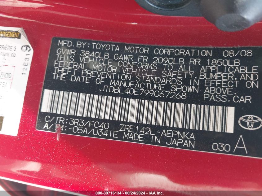 2009 Toyota Corolla Xle VIN: JTDBL40E799067268 Lot: 39716134