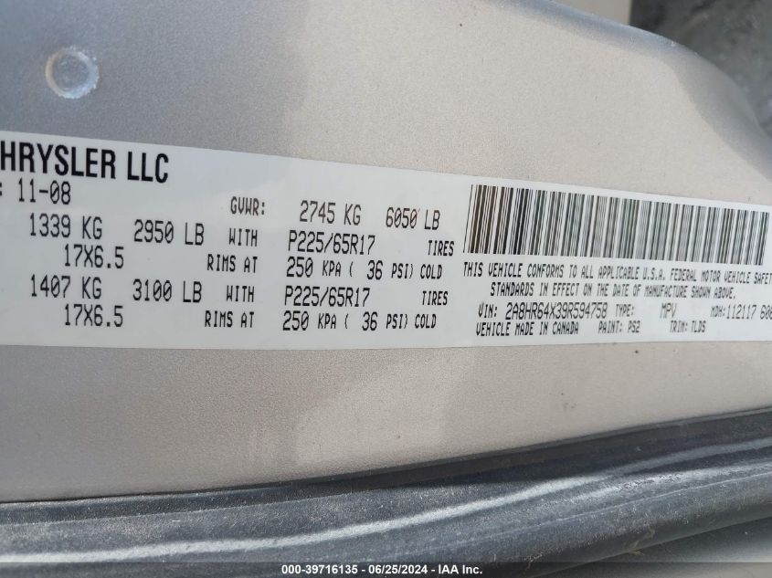 2009 Chrysler Town & Country Limited VIN: 2A8HR64X39R594758 Lot: 39716135