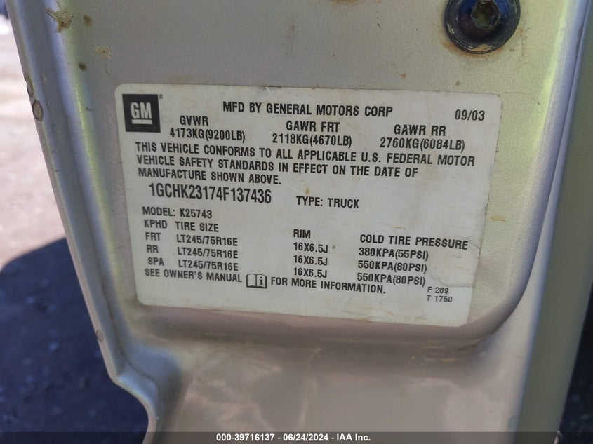 2004 Chevrolet Silverado K2500 Heavy Duty VIN: 1GCHK23174F137436 Lot: 39716137
