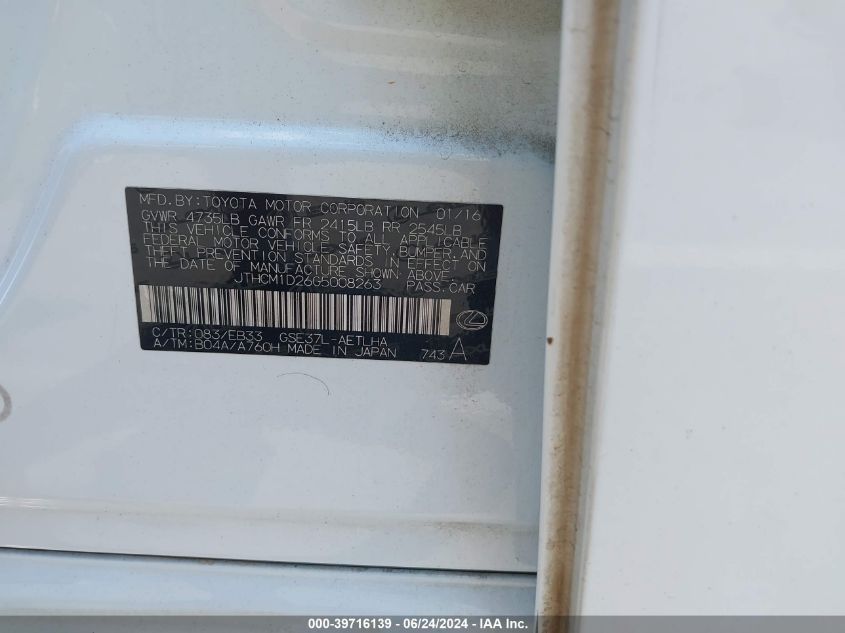 2016 Lexus Is 300 VIN: JTHCM1D26G5008263 Lot: 39716139