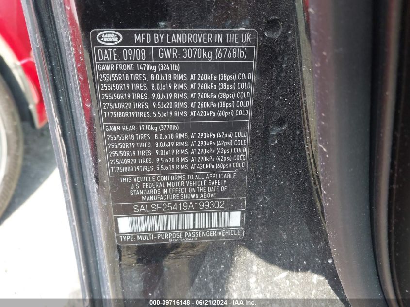 2009 Land Rover Range Rover Sport Hse VIN: SALSF25419A199302 Lot: 39716148