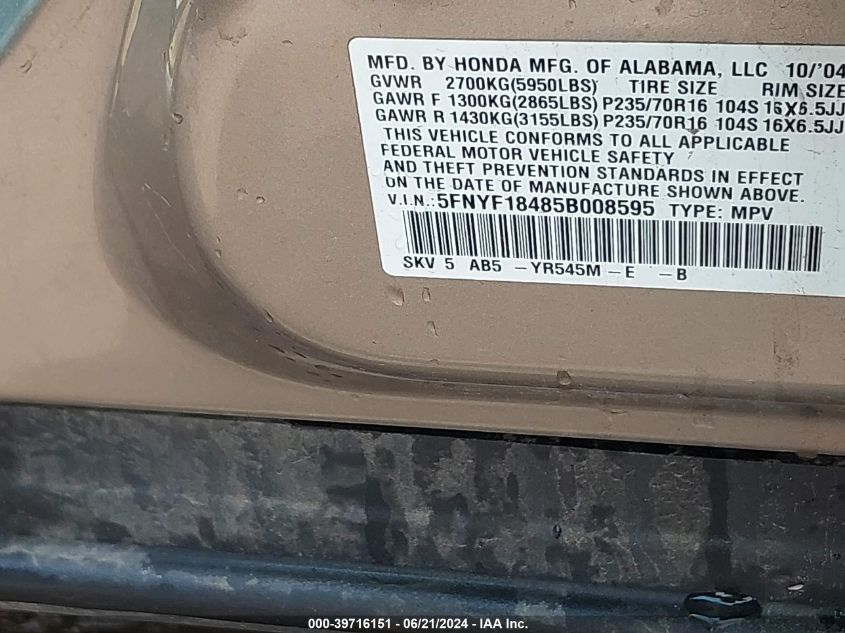 2005 Honda Pilot Ex VIN: 5FNYF18485B008595 Lot: 39716151
