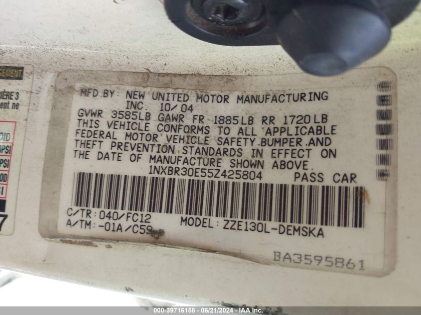 2005 Toyota Corolla S VIN: 1NXBR30E55Z425804 Lot: 39716158