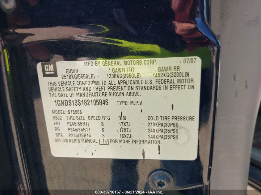 2008 Chevrolet Trailblazer Fleet VIN: 1GNDS13S182105846 Lot: 39716167