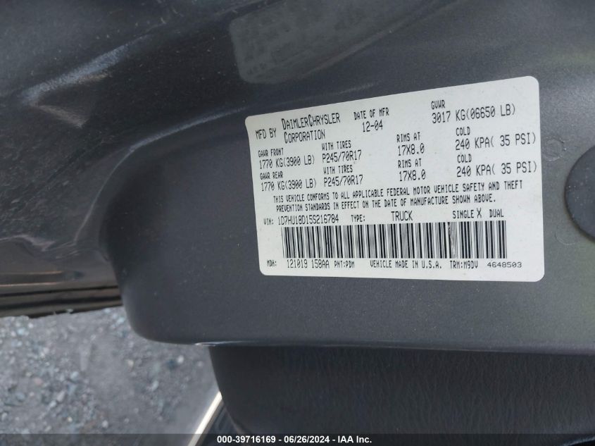 2005 Dodge Ram 1500 Slt/Laramie VIN: 1D7HU18D15S216784 Lot: 39716169