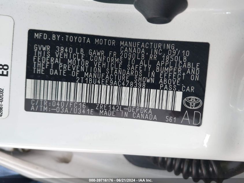 2010 Toyota Corolla Le/S/Xle VIN: 2T1BU4EE9AC478398 Lot: 39716176