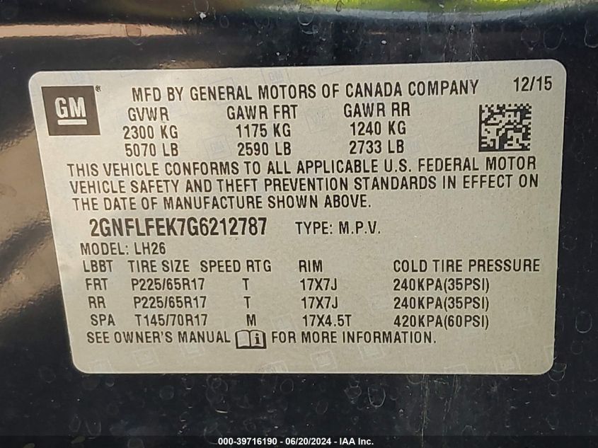 2016 Chevrolet Equinox Lt VIN: 2GNFLFEK7G6212787 Lot: 39716190