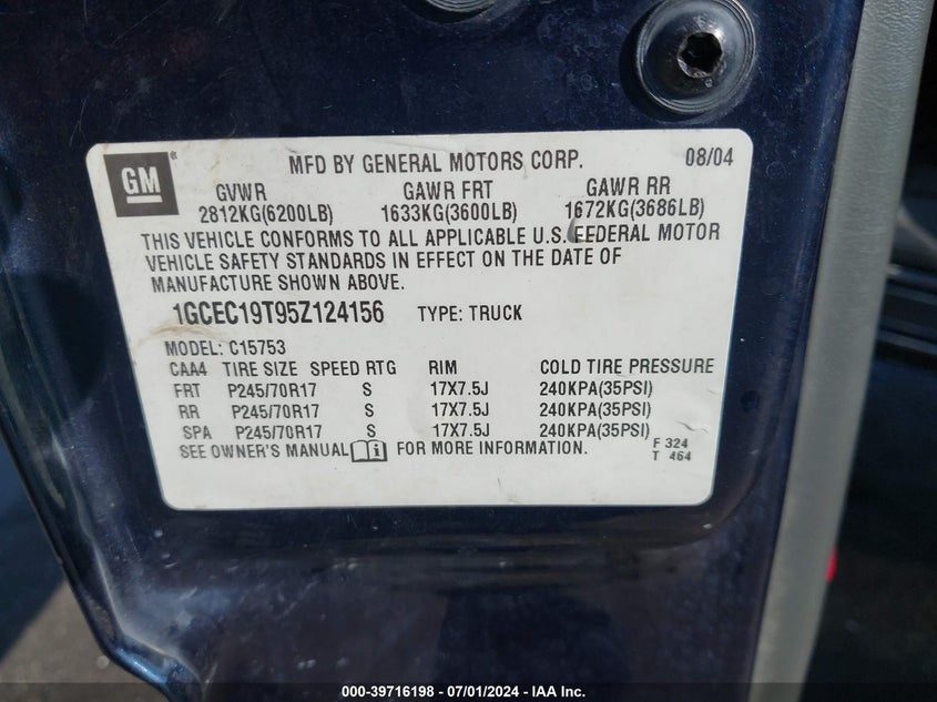 2005 Chevrolet Silverado 1500 Ls VIN: 1GCEC19T95Z124156 Lot: 39716198