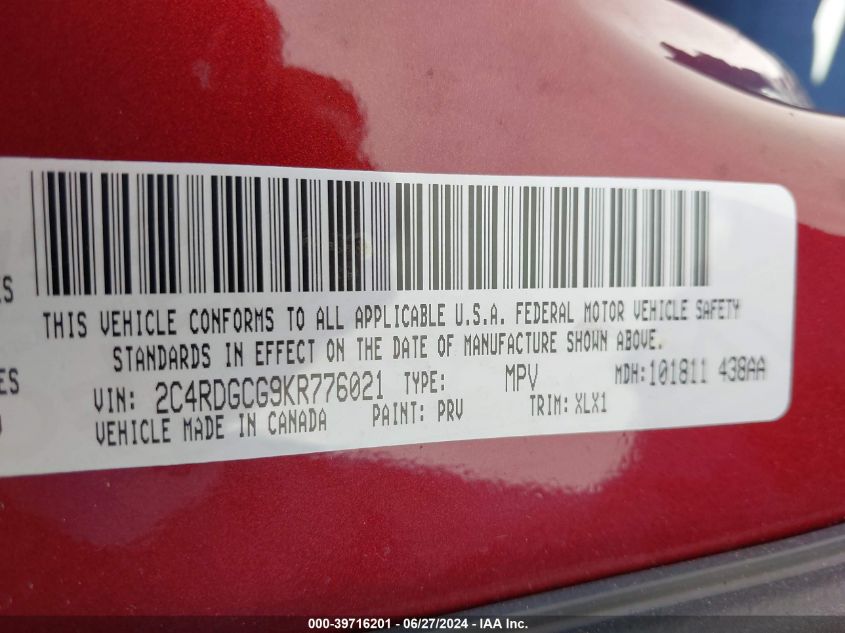 2019 Dodge Grand Caravan Sxt VIN: 2C4RDGCG9KR776021 Lot: 39716201