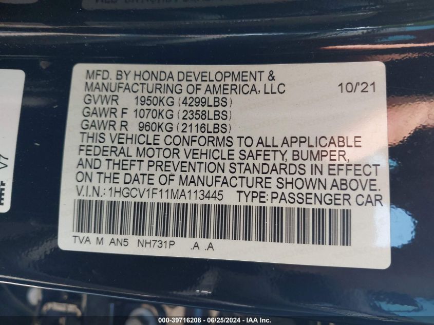 2021 Honda Accord Lx VIN: 1HGCV1F11MA113445 Lot: 39716208