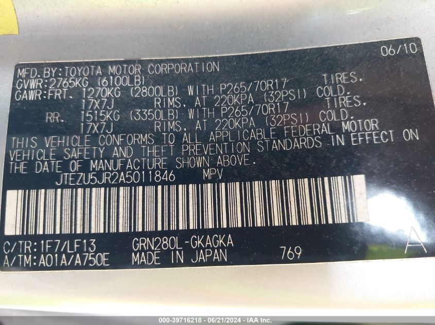 2010 Toyota 4Runner Sr5/Sport VIN: JTEZU5JR2A5011846 Lot: 39716218