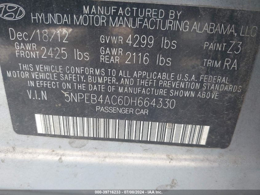 2013 Hyundai Sonata Gls VIN: 5NPEB4AC6DH664330 Lot: 39716233