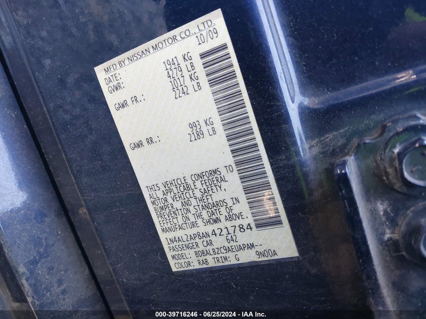 2010 Nissan Altima S VIN: 1N4AL2AP8AN421784 Lot: 39716246