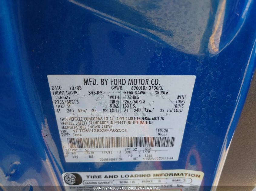 2009 Ford F-150 Supercrew VIN: 1FTRW128X9FA02539 Lot: 39716268