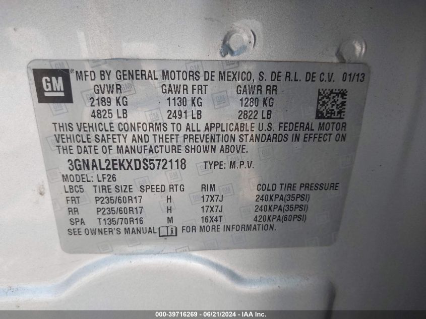 2013 CHEVROLET CAPTIVA SPORT 2LS - 3GNAL2EKXDS572118