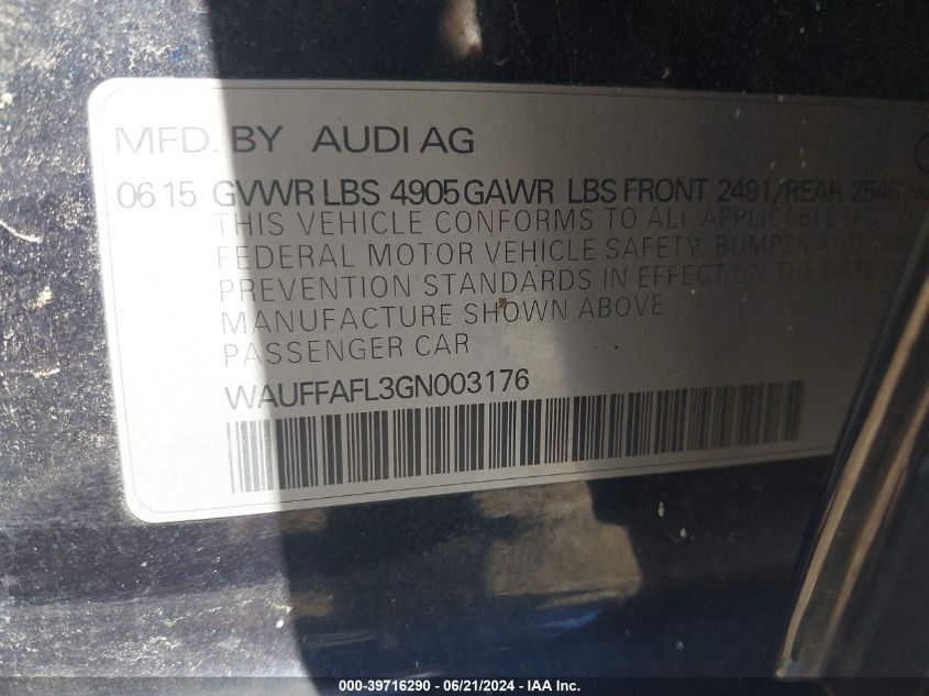 2016 Audi A4 2.0T Premium VIN: WAUFFAFL3GN003176 Lot: 39716290