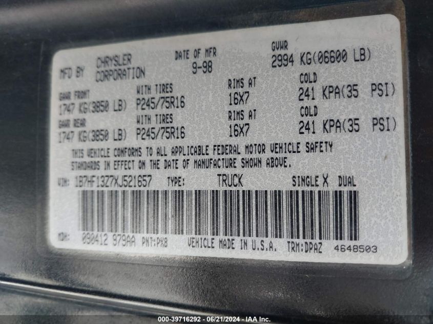 1999 Dodge Ram 1500 VIN: 1B7HF13Z7XJ521657 Lot: 39716292