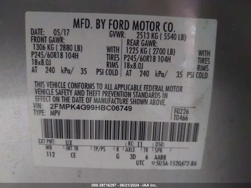 2017 Ford Edge Se VIN: 2FMPK4G99HBC06749 Lot: 39716297