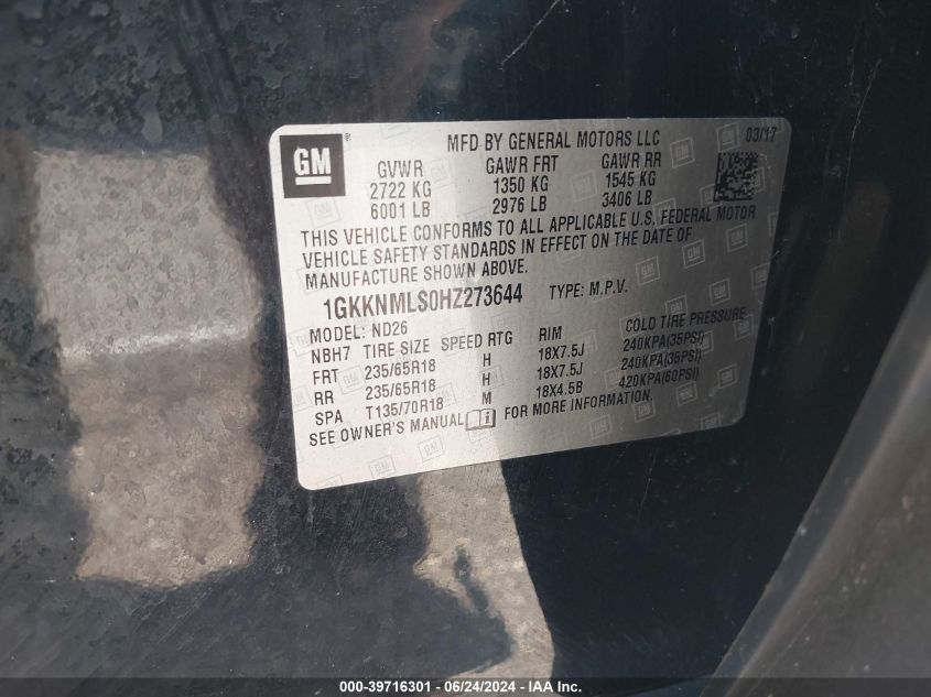 2017 GMC Acadia Slt-1 VIN: 1GKKNMLS0HZ273644 Lot: 39716301
