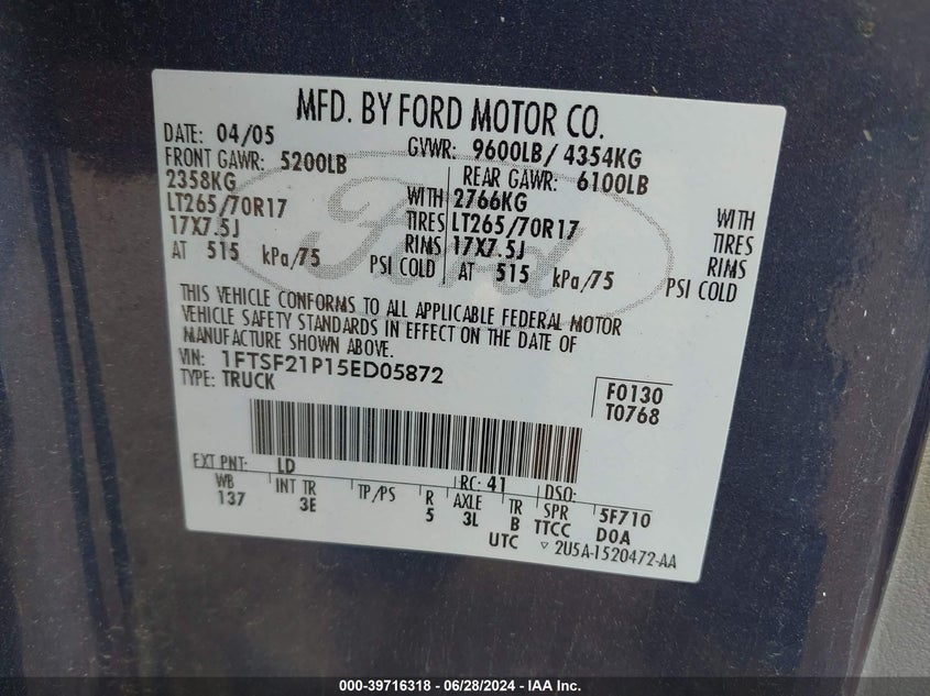 2005 Ford F-250 Xl/Xlt VIN: 1FTSF21P15ED05872 Lot: 39716318