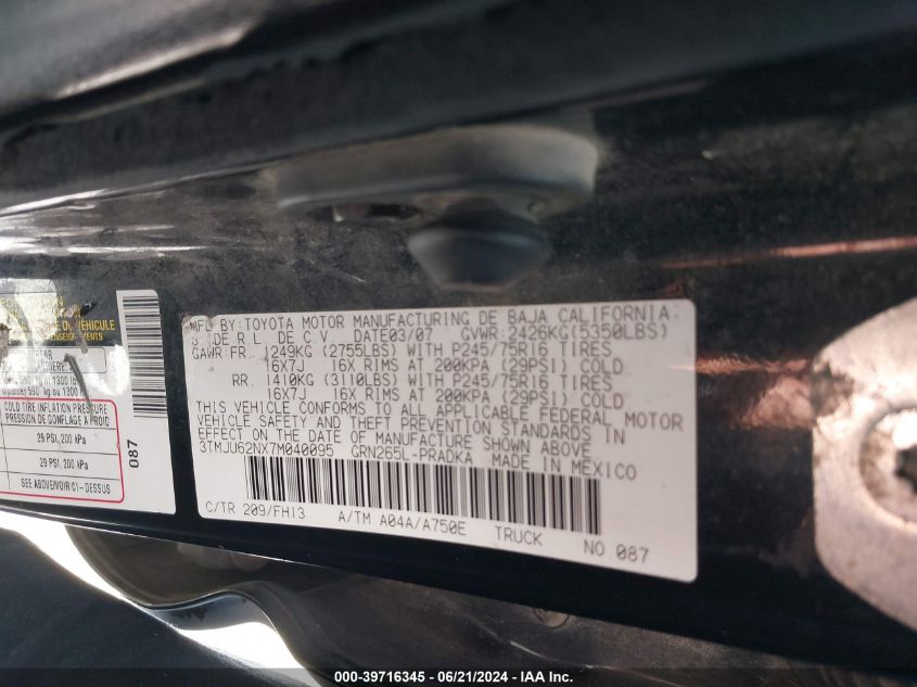 2007 Toyota Tacoma Prerunner V6 VIN: 3TMJU62NX7M040095 Lot: 39716345
