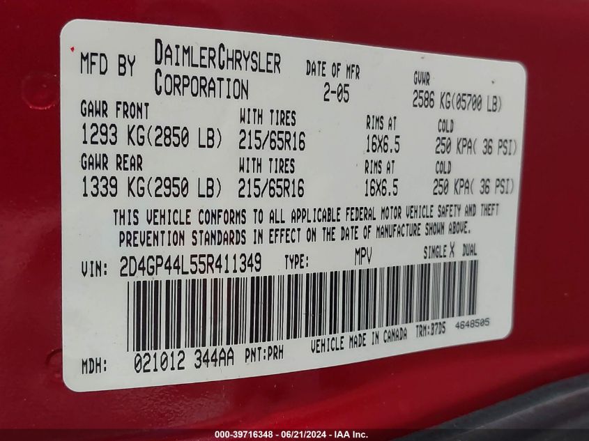 2005 Dodge Grand Caravan Sxt VIN: 2D4GP44L55R411349 Lot: 39716348