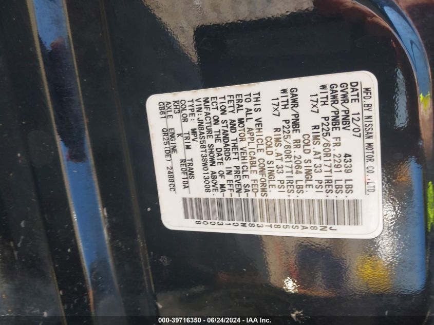 2008 Nissan Rogue Sl VIN: JN8AS58T38W013008 Lot: 39716350