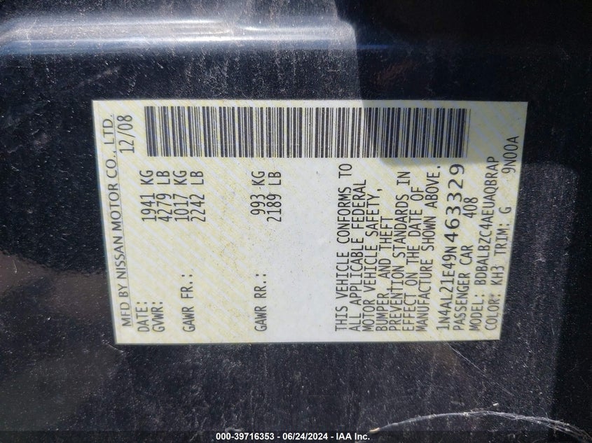 2009 Nissan Altima 2.5 S VIN: 1N4AL21E49N463329 Lot: 39716353