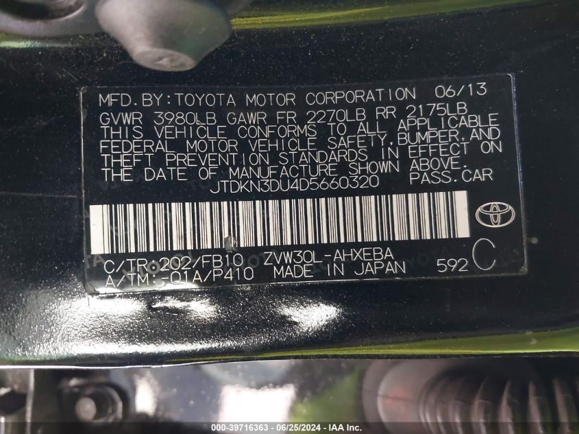 2013 Toyota Prius Two VIN: JTDKN3DU4D5660320 Lot: 39716363