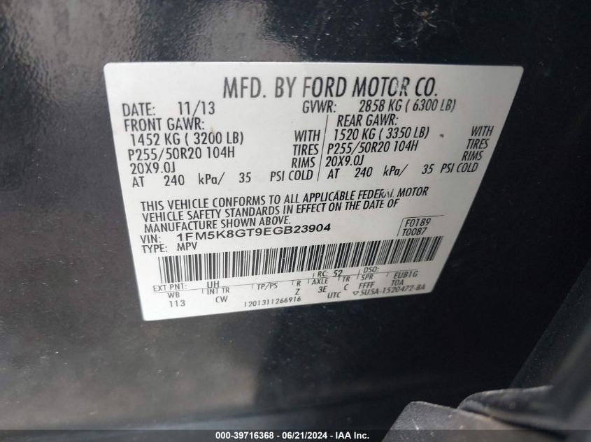 2014 Ford Explorer Sport VIN: 1FM5K8GT9EGB23904 Lot: 39716368