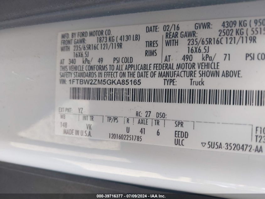 2016 Ford Transit-350 VIN: 1FTBW2ZM5GKA85165 Lot: 39716377