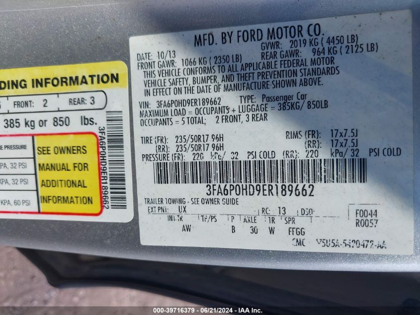 2014 Ford Fusion Se VIN: 3FA6P0HD9ER189662 Lot: 39716379