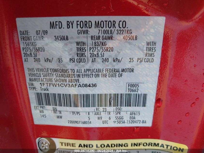 2010 Ford F-150 Fx2 Sport/Harley-Davidson/King Ranch/Lariat/Platinum/Xl/Xlt VIN: 1FTFW1CV3AFA08436 Lot: 39716390