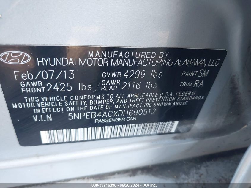 2013 Hyundai Sonata Gls VIN: 5NPEB4ACXDH690512 Lot: 39716398