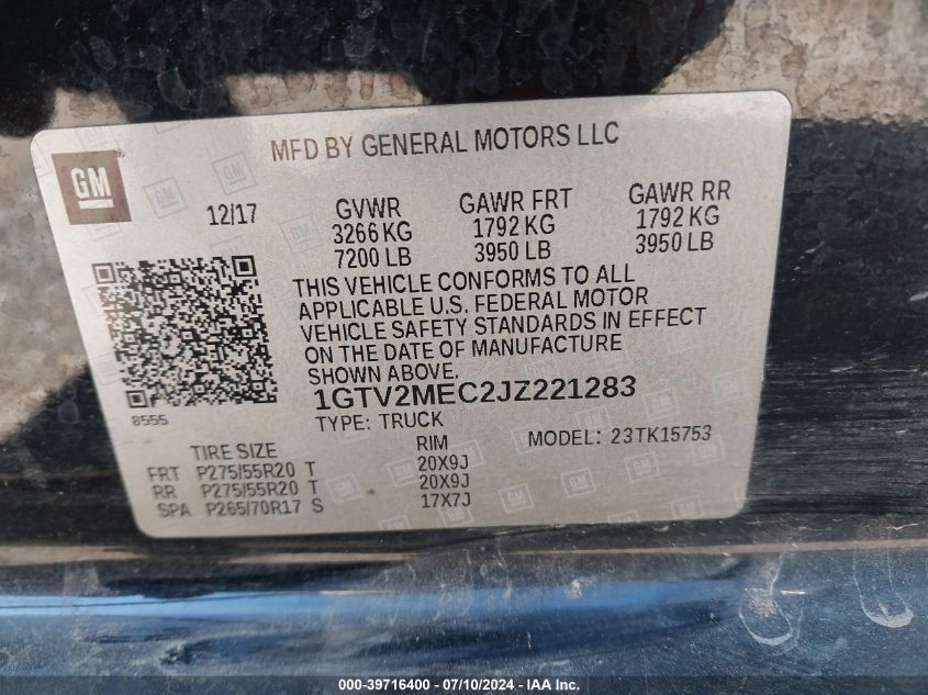2018 GMC Sierra 1500 Sle VIN: 1GTV2MEC2JZ221283 Lot: 39716400