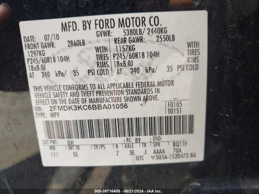 2011 Ford Edge Limited VIN: 2FMDK3KC6BBA01056 Lot: 39716408