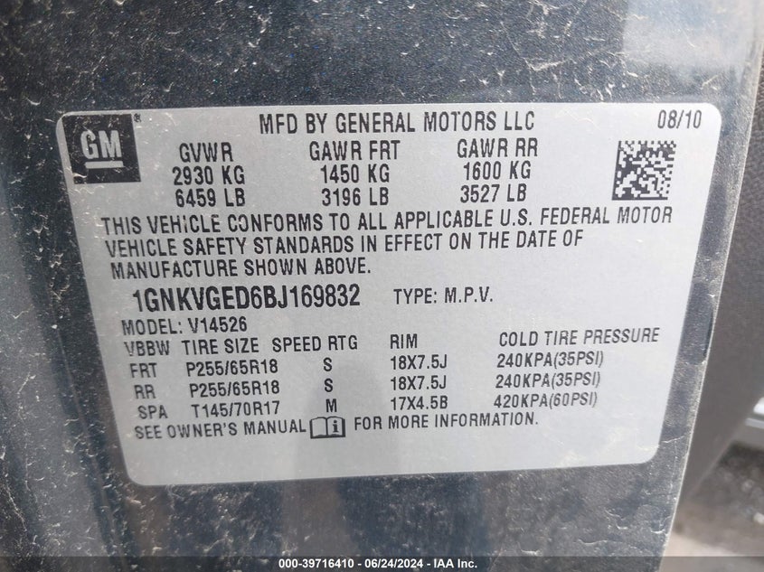 2011 Chevrolet Traverse 1Lt VIN: 1GNKVGED6BJ169832 Lot: 39716410