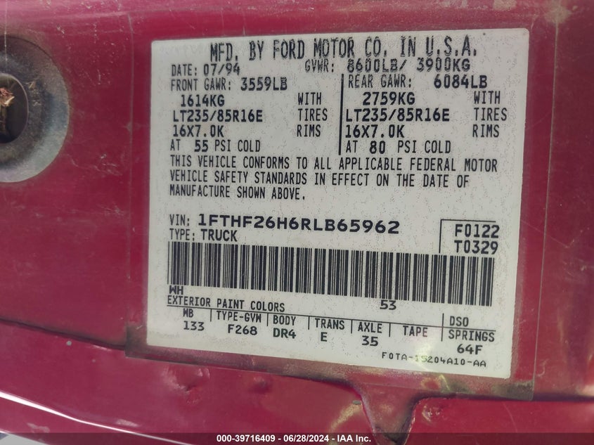 1994 Ford F250 VIN: 1FTHF26H6RLB65962 Lot: 39716409