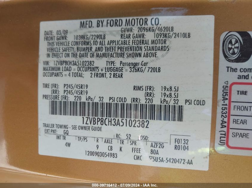 2010 Ford Mustang Gt VIN: 1ZVBP8CH3A5102382 Lot: 39716412